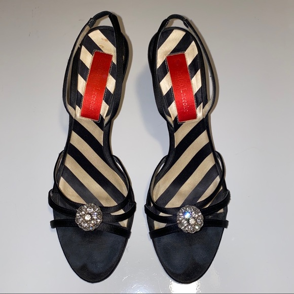 Christian Lacroix Rhinestone Black Satin Slingback Heels - Picture 1 of 17